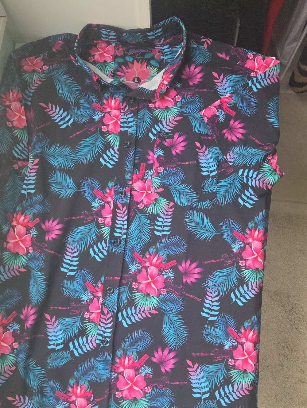 Retro RifleCasual Floral Button-Down Shirt - Black with Pink & Blue Floral Print